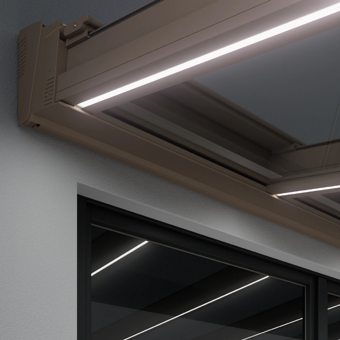 Close-up of beige window blind housing and a fluorescent ceiling light above a dark-framed window.