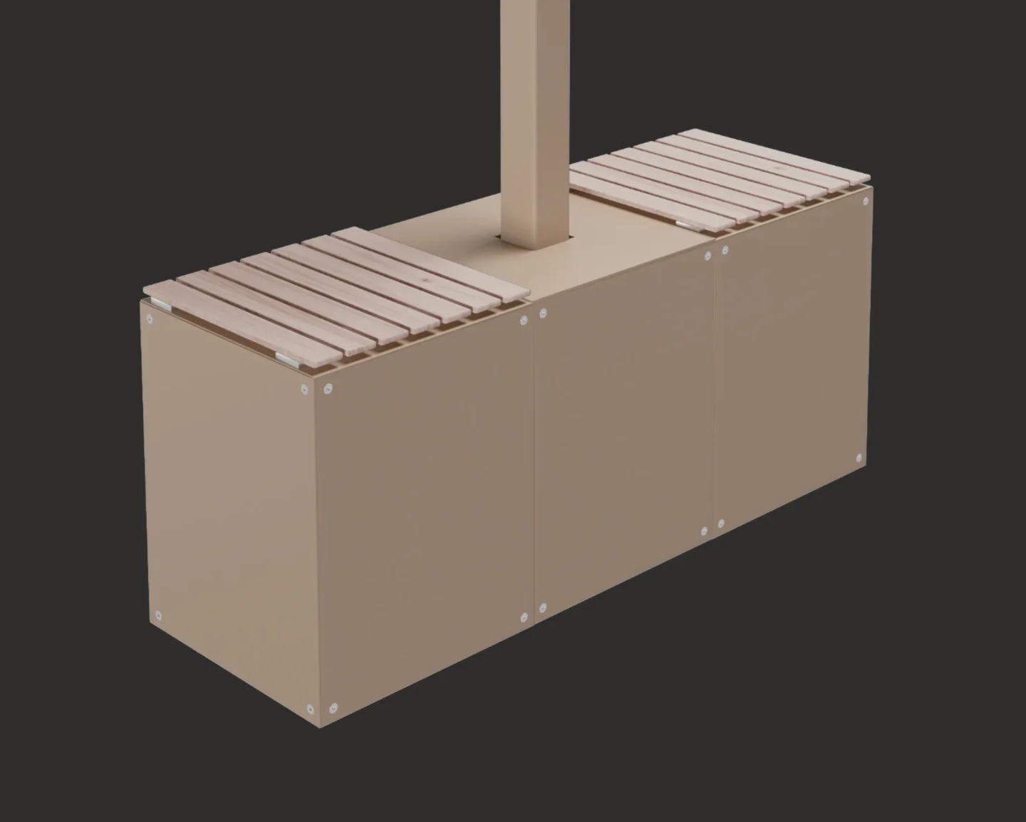 Lewens Beschwerungskasten mit Sitzauflagen – Detailansicht. Ein rechteckiger Beschwerungskasten in Beige mit zwei Sitzauflagen aus Lärchenholz mit Lamellen-Oberfläche. Der Kasten wird von einem Pfosten durchdrungen.