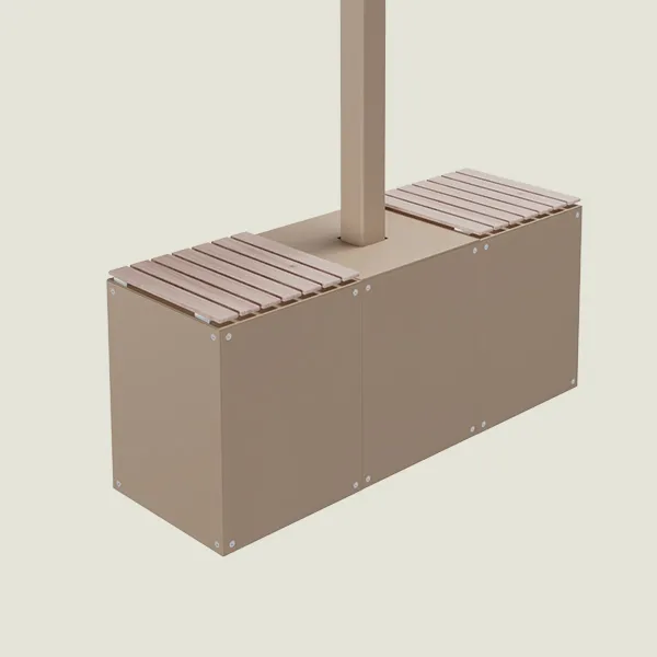 Brown rectangular base around a vertical pipe, with slatted wooden panels on the top edges nearby.