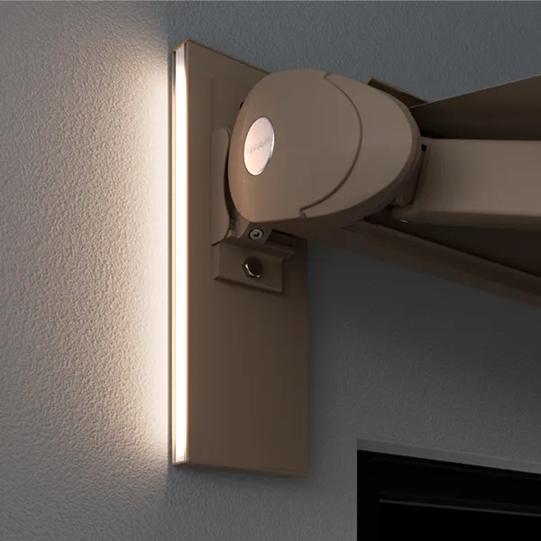 Wall-mounted automatic door closer with its arm, installed beside a vertical wall light panel near the doorway.
